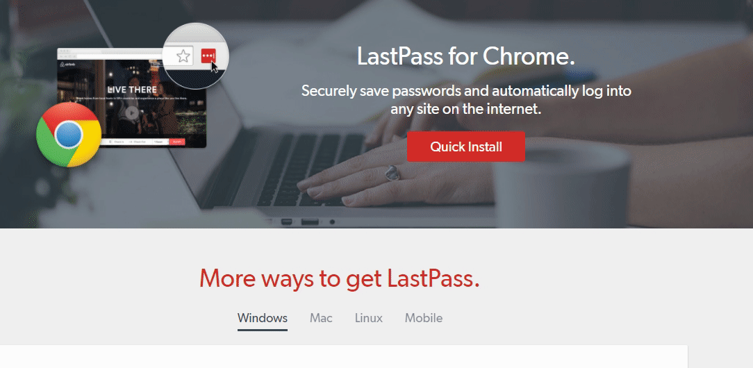 Pagina LastPass for Chrome con pulsante Quick Install