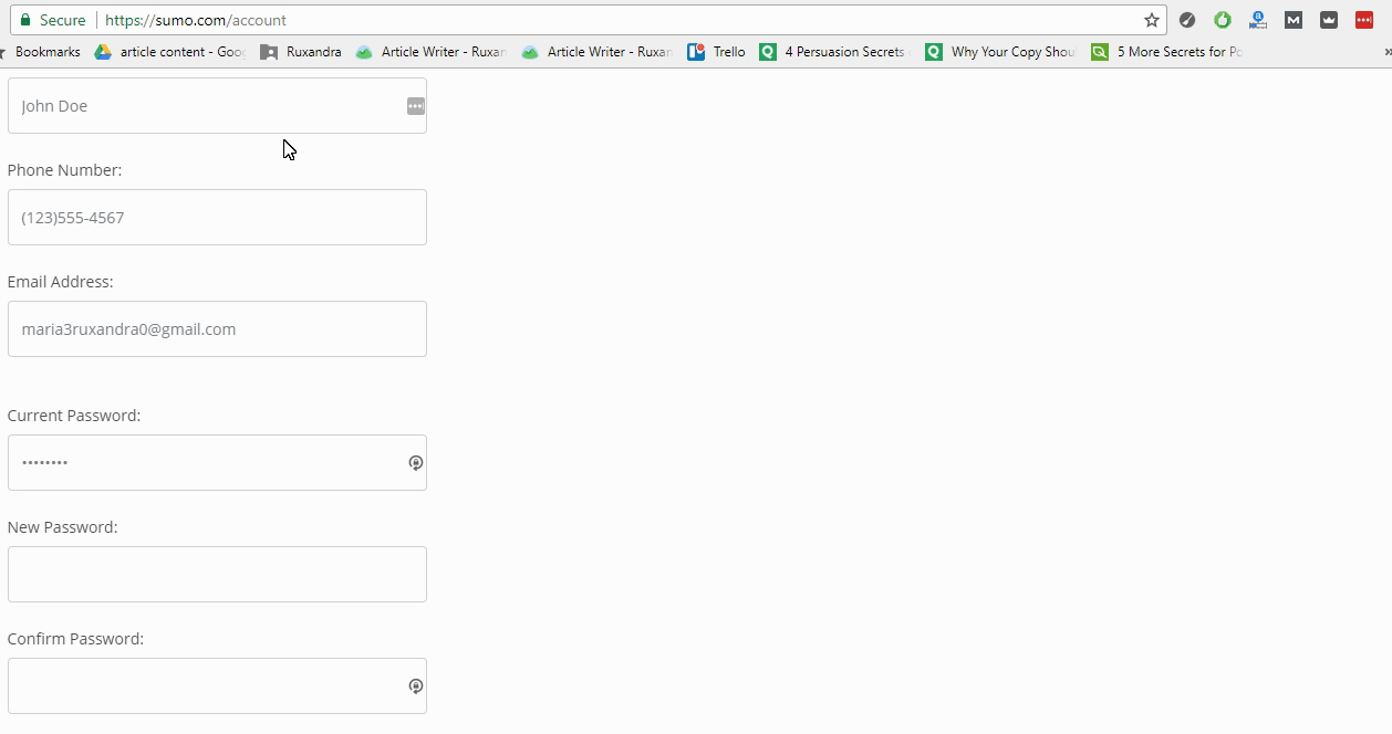 Pagina impostazioni account Sumo con campi password