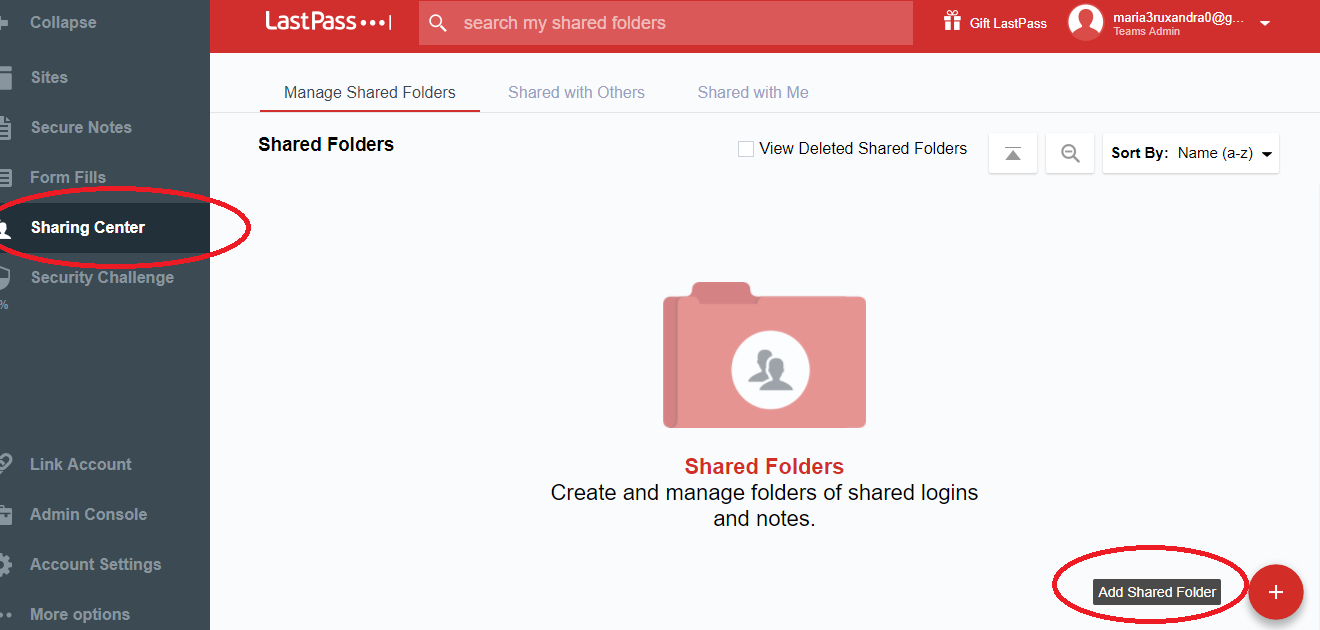 Dashboard LastPass con Sharing Center evidenziato