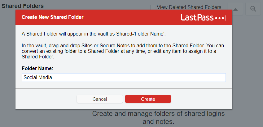 Modale Create New Shared Folder con nome Social Media