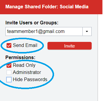 Pannello Manage Shared Folder Social Media con permessi