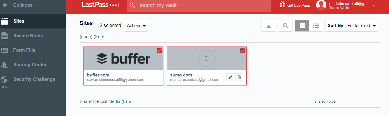 Vista Sites di LastPass con account selezionati