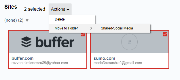 Menu Actions con Move to Folder espanso su Shared Social Media