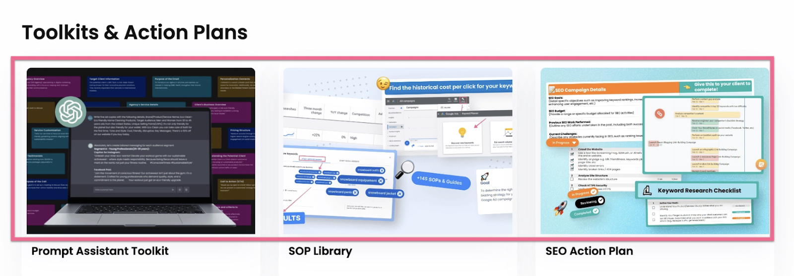 Sezione Toolkits & Action Plans della dashboard ClickMinded