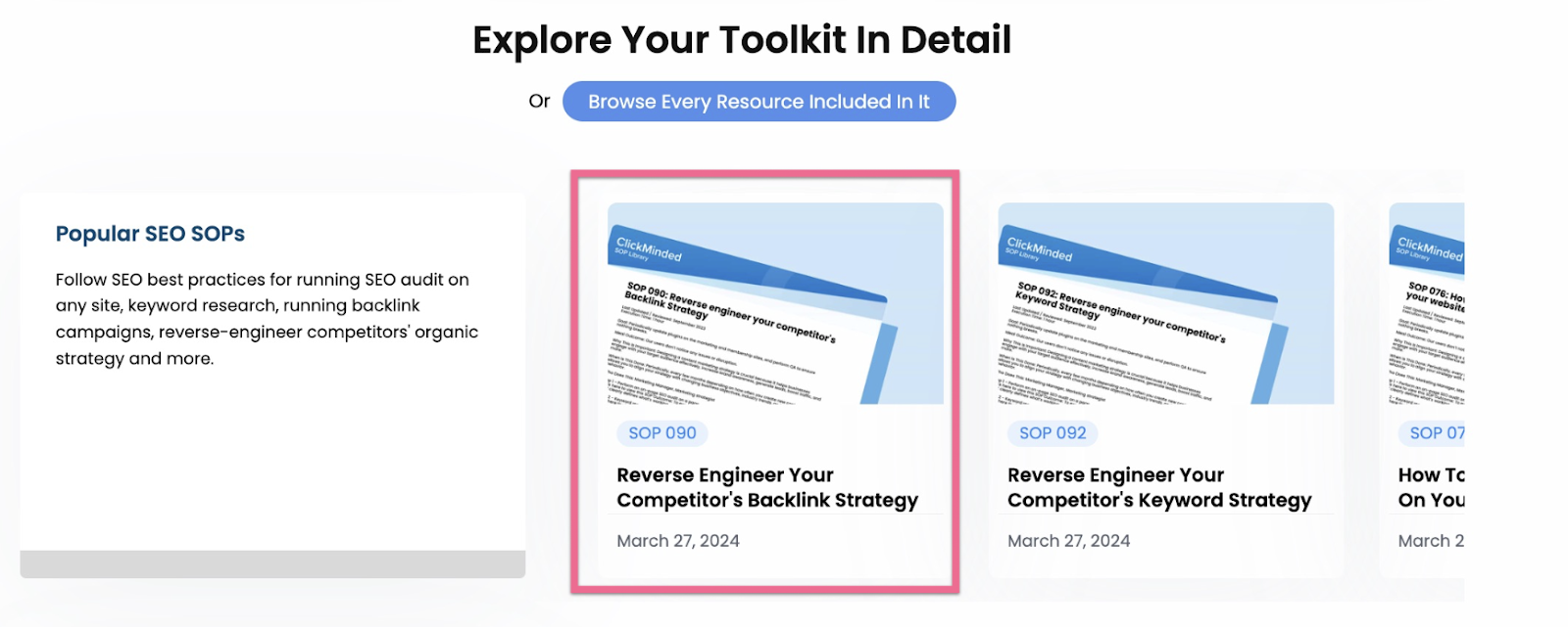Pagina Explore Your Toolkit In Detail con le SOP SEO più popolari