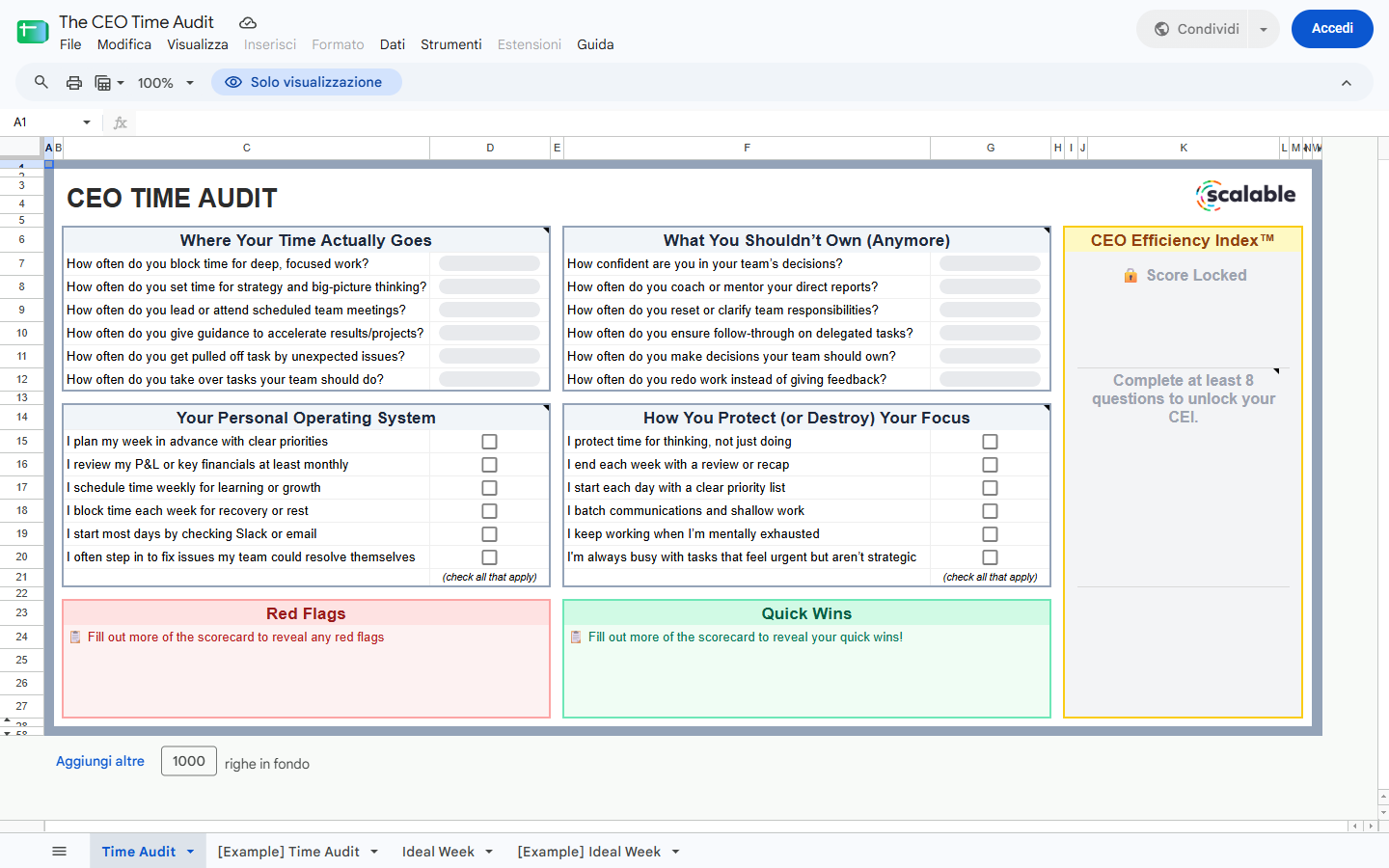 The CEO Time Audit — lead magnet reale di Scalable.co (Ryan Deiss): Google Sheet interattivo con sezioni Where Your Time Actually Goes, What You Shouldn't Own, Personal Operating System, CEO Efficiency Index con punteggio bloccato finché non si compila